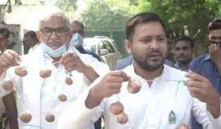 Tejaswi yadav goes for election campaign with onion garland